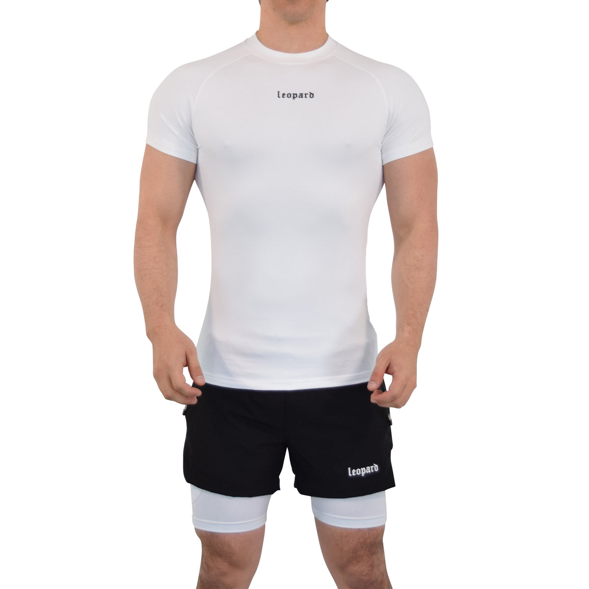 John Leopard -Speed Compression T-Shirt Snow White Logo Black