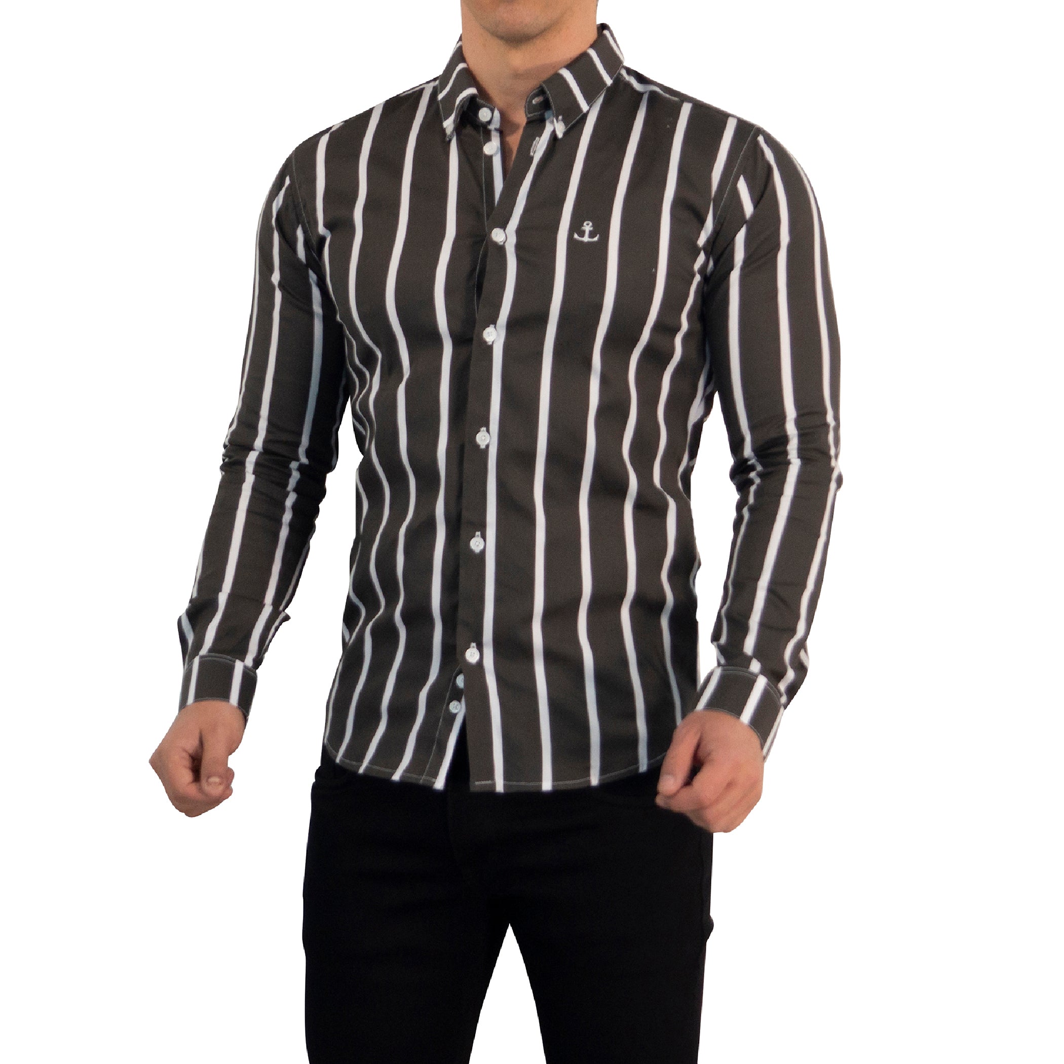 Camisa Slim Fit Light Stripe Dark Gray