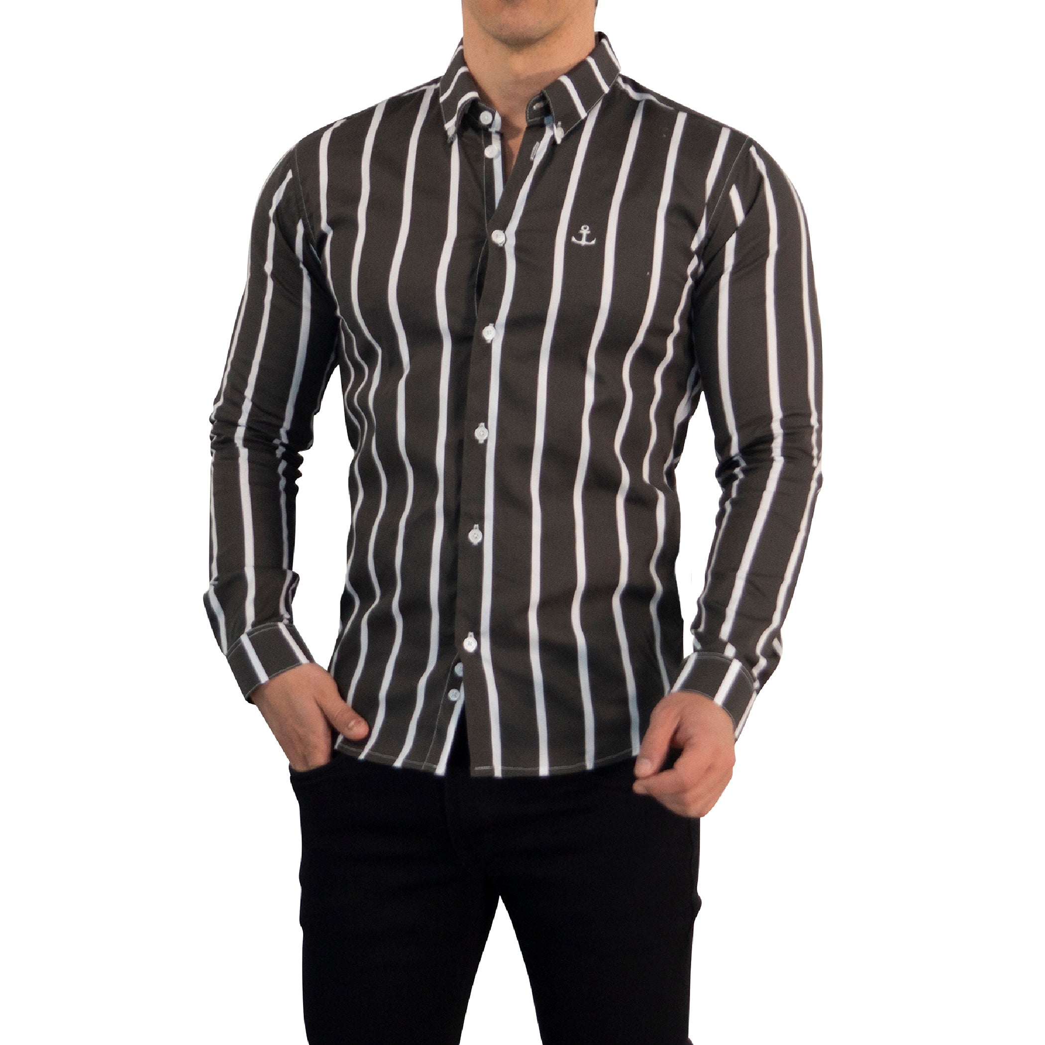 Camisa Slim Fit Light Stripe Dark Gray