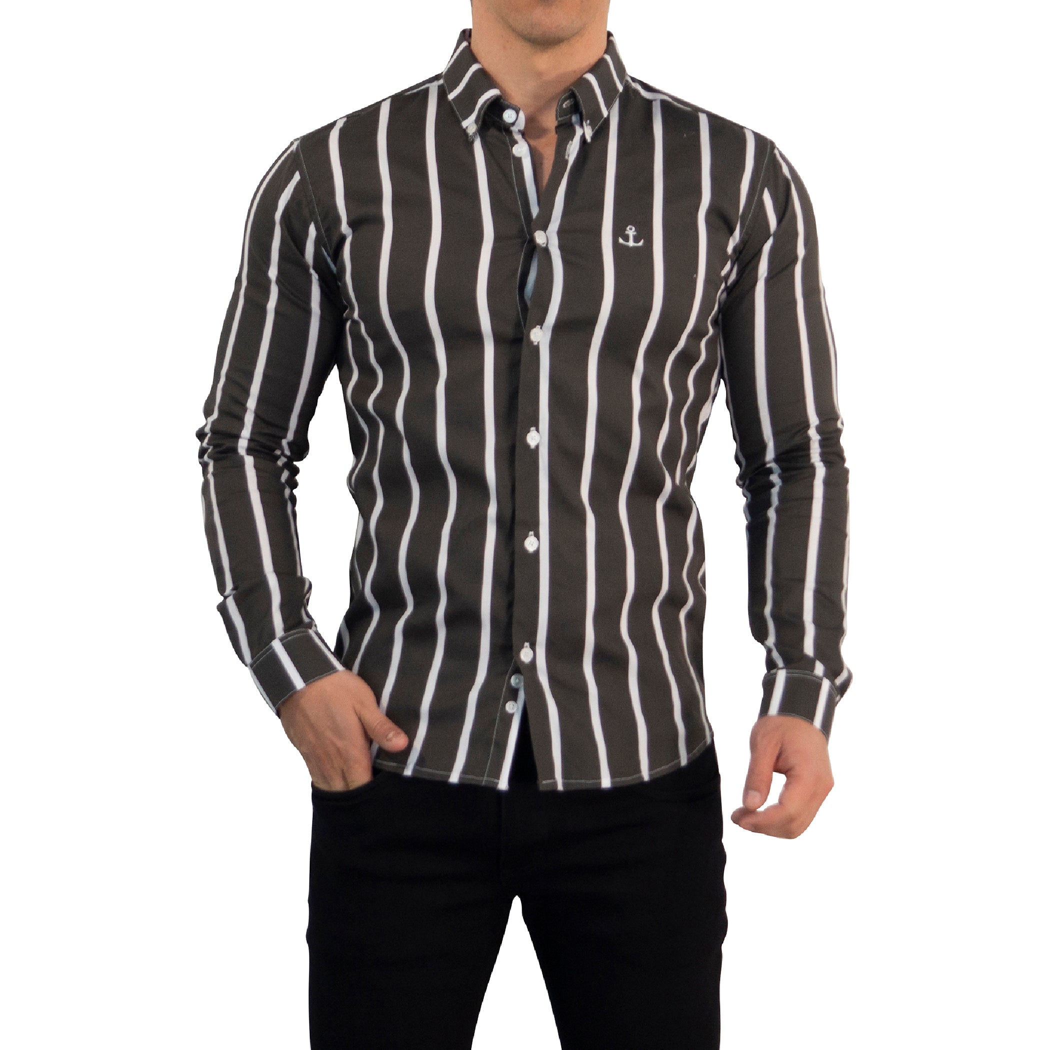 Camisa Slim Fit Light Stripe Dark Gray