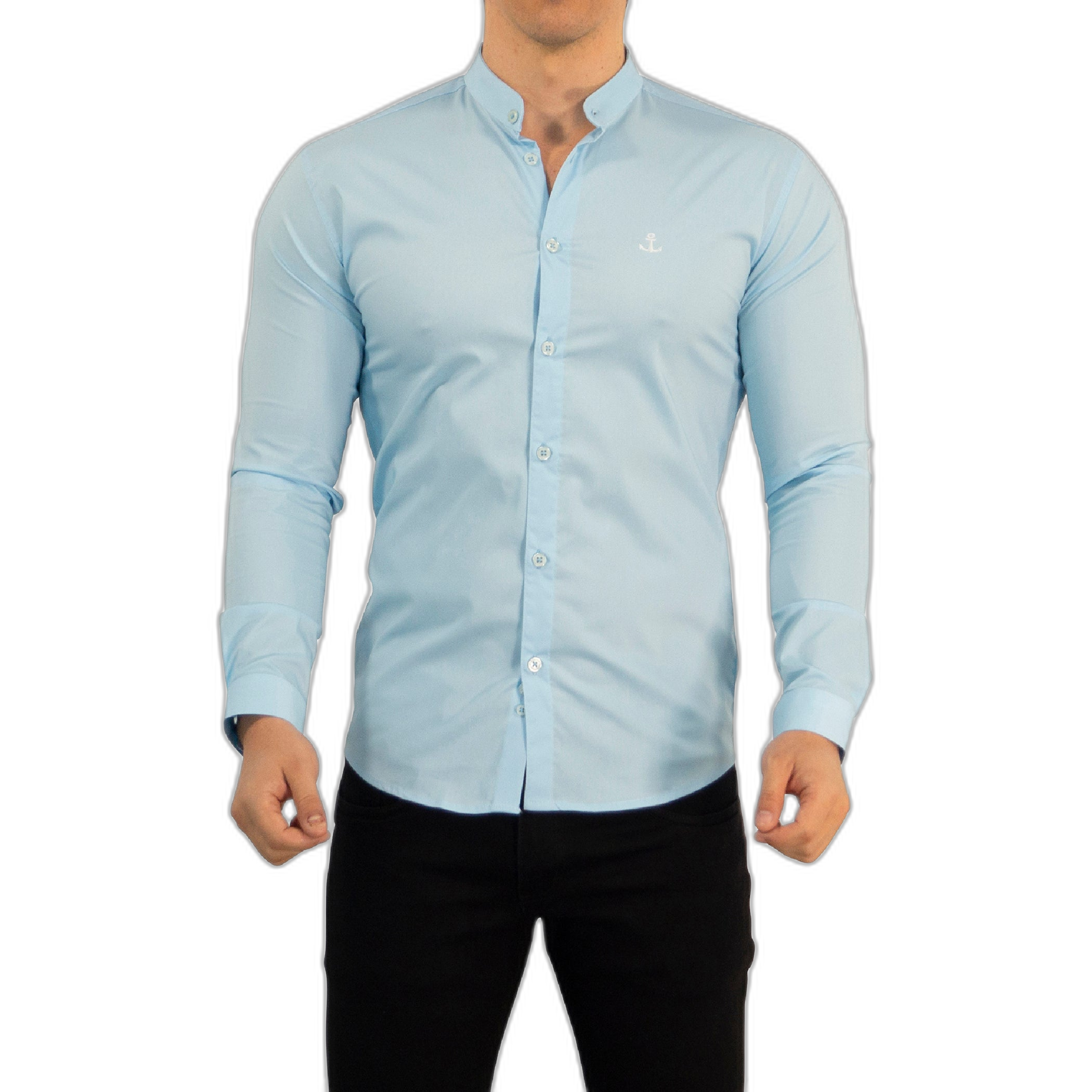 Camisa Cuello Mao Manga Larga Azul Cielo Logo Blanco