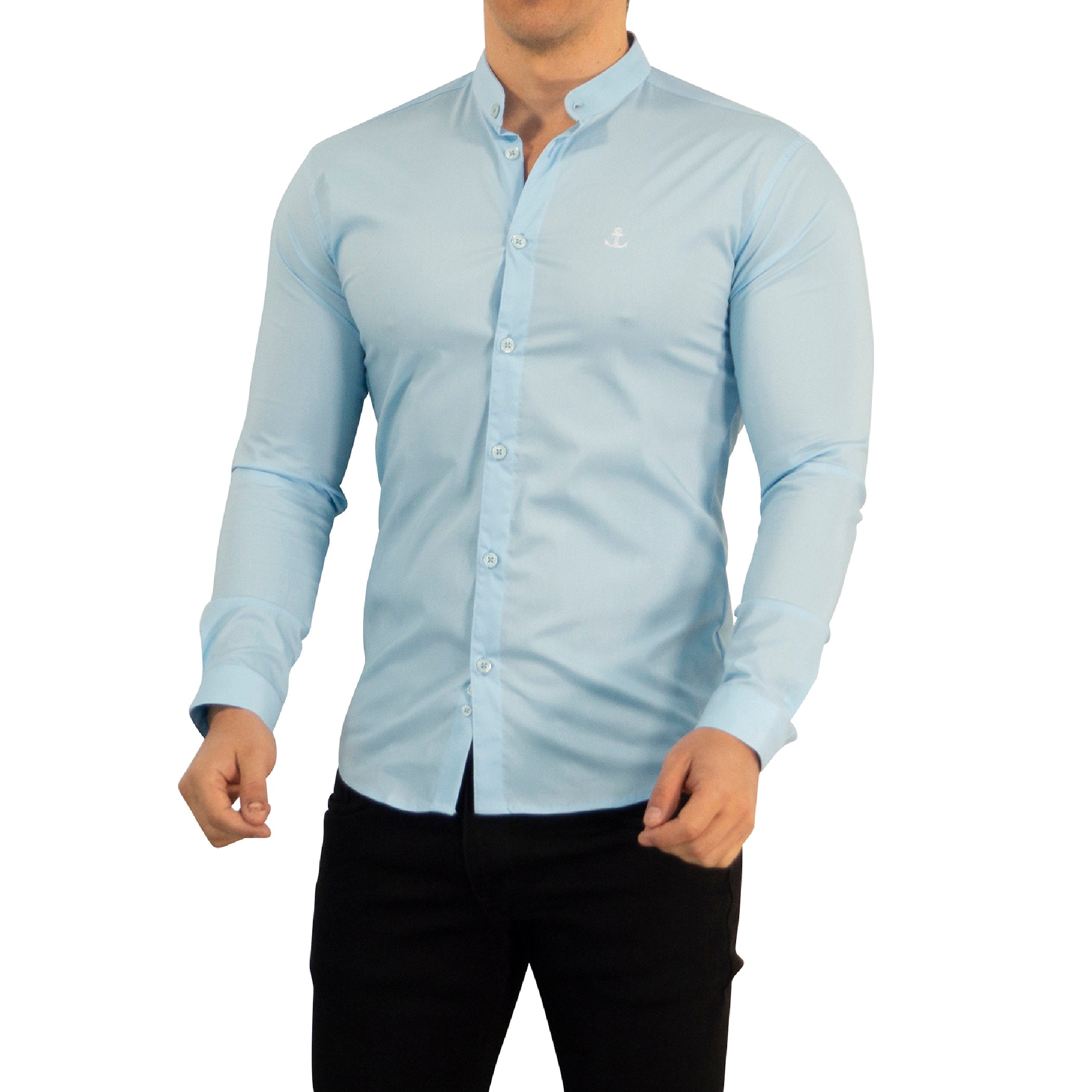 Camisa Cuello Mao Manga Larga Azul Cielo Logo Blanco