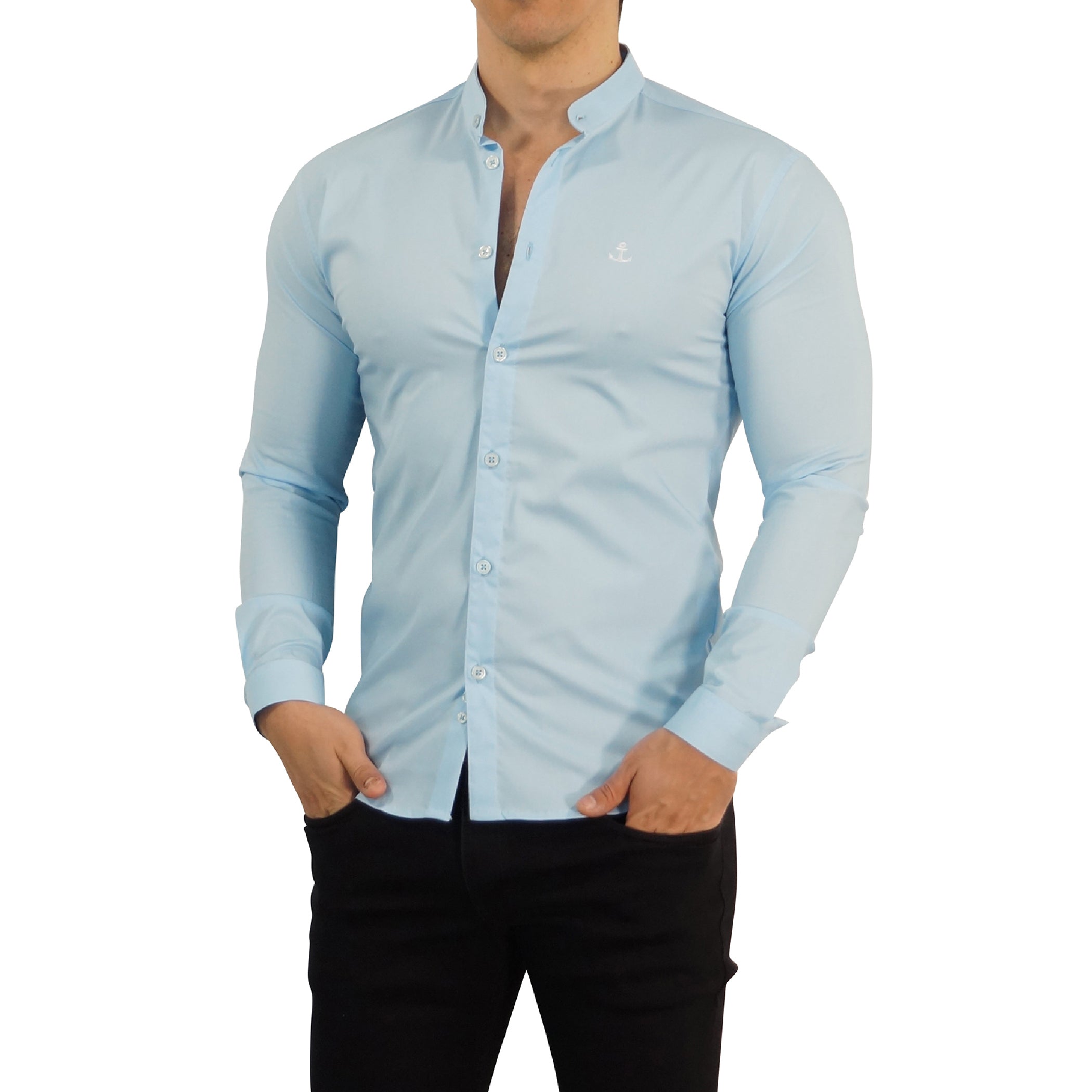 Camisa Cuello Mao Manga Larga Azul Cielo Logo Blanco