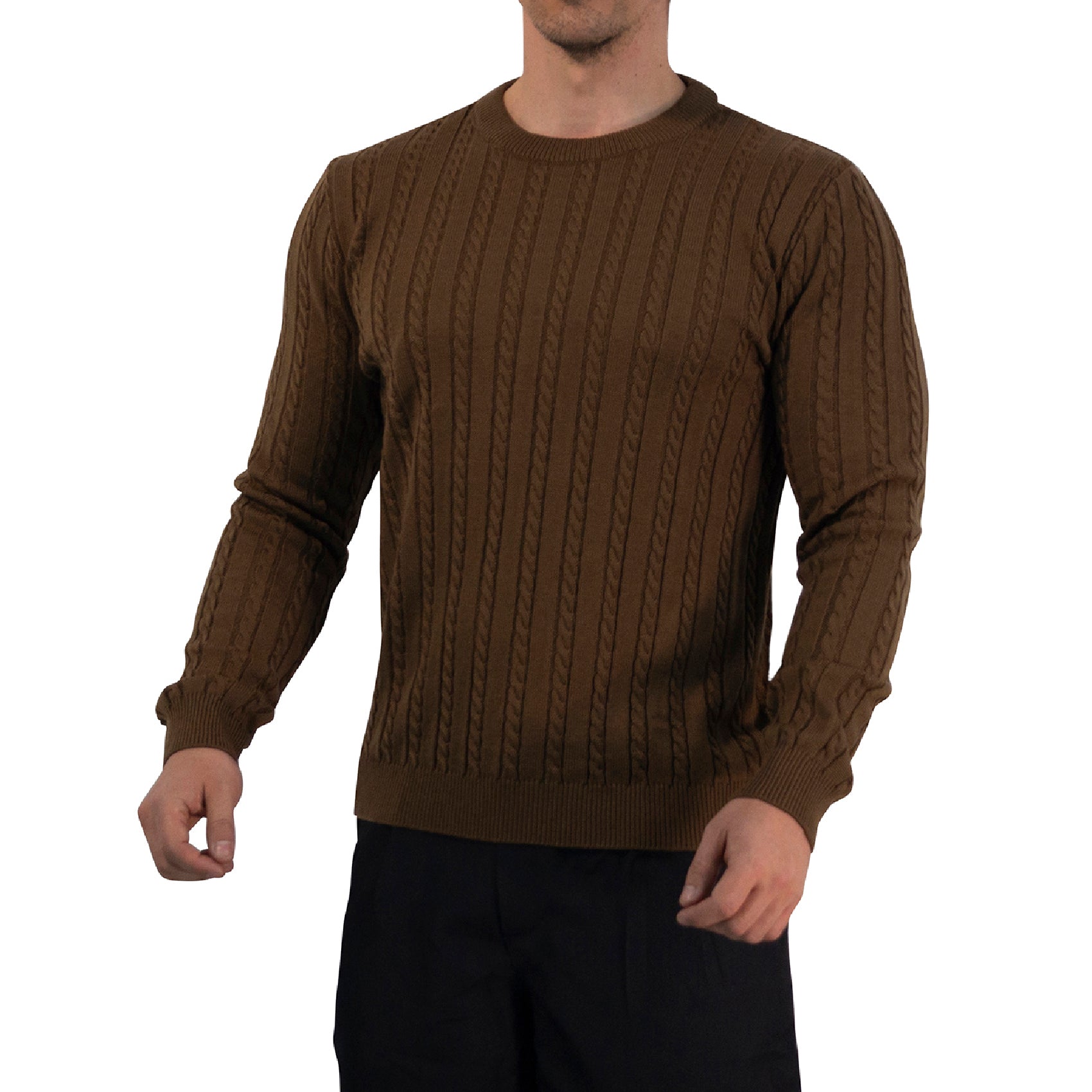 Crewneck Cable Knit Sweater Dark Bown