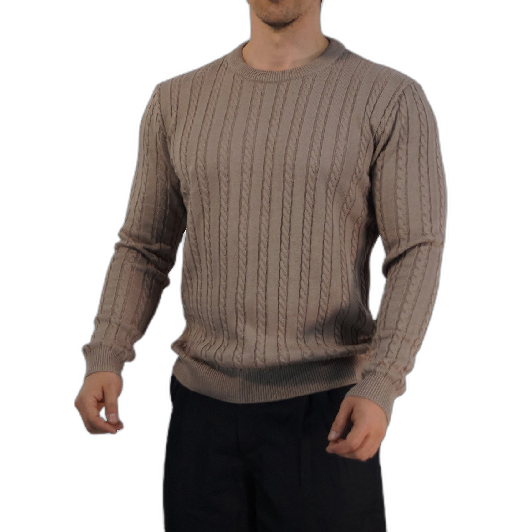 Crewneck Cable Knit Sweater Light Bown