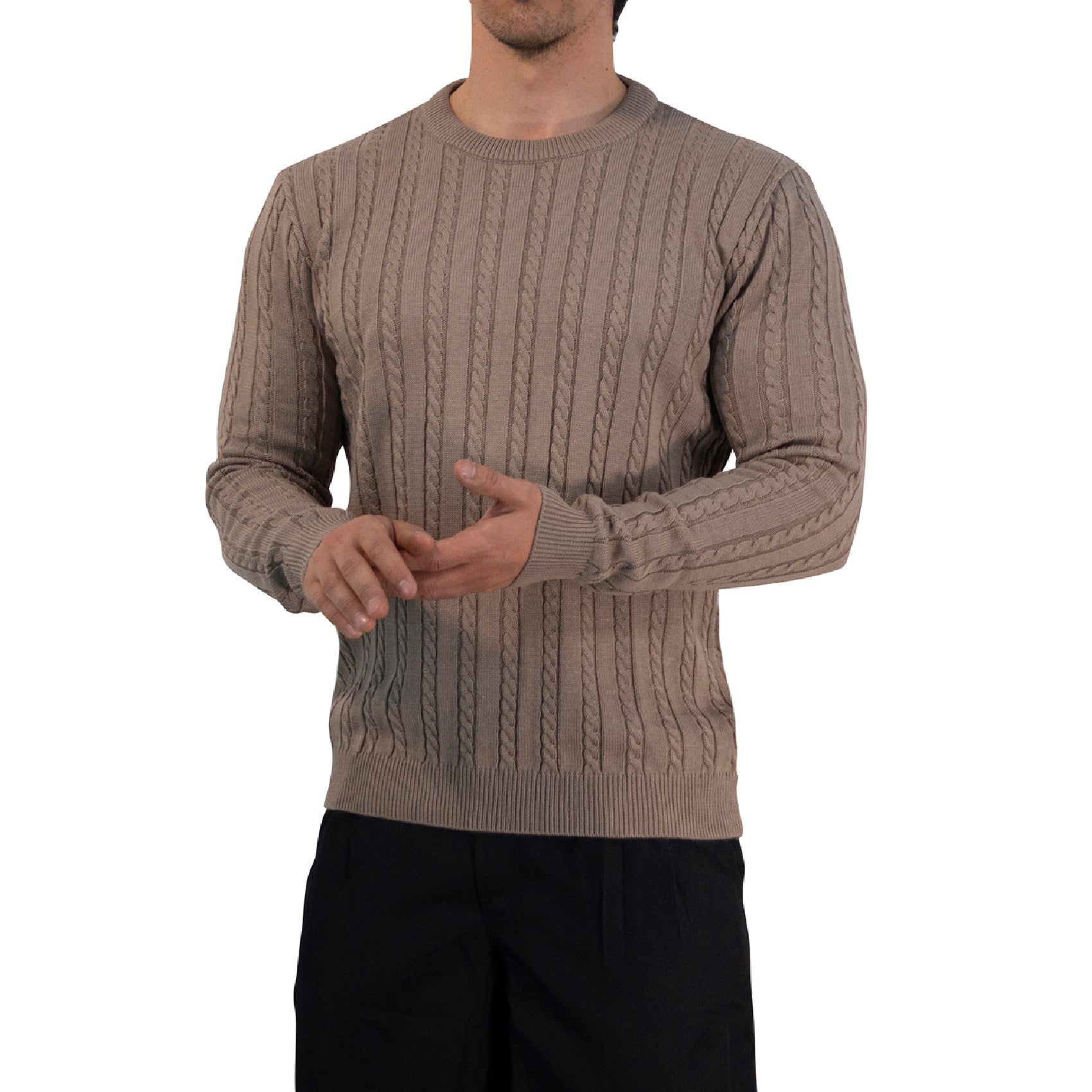 Crewneck Cable Knit Sweater Light Bown