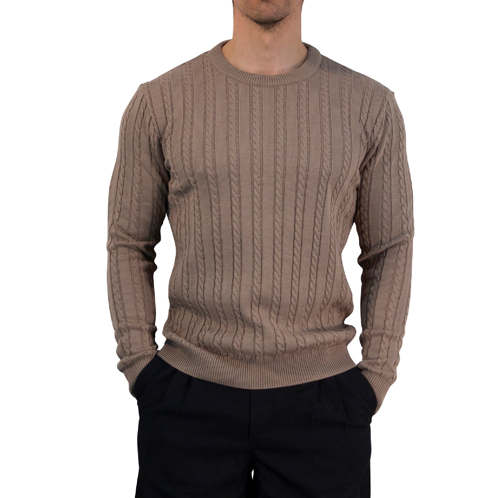 Crewneck Cable Knit Sweater Light Bown