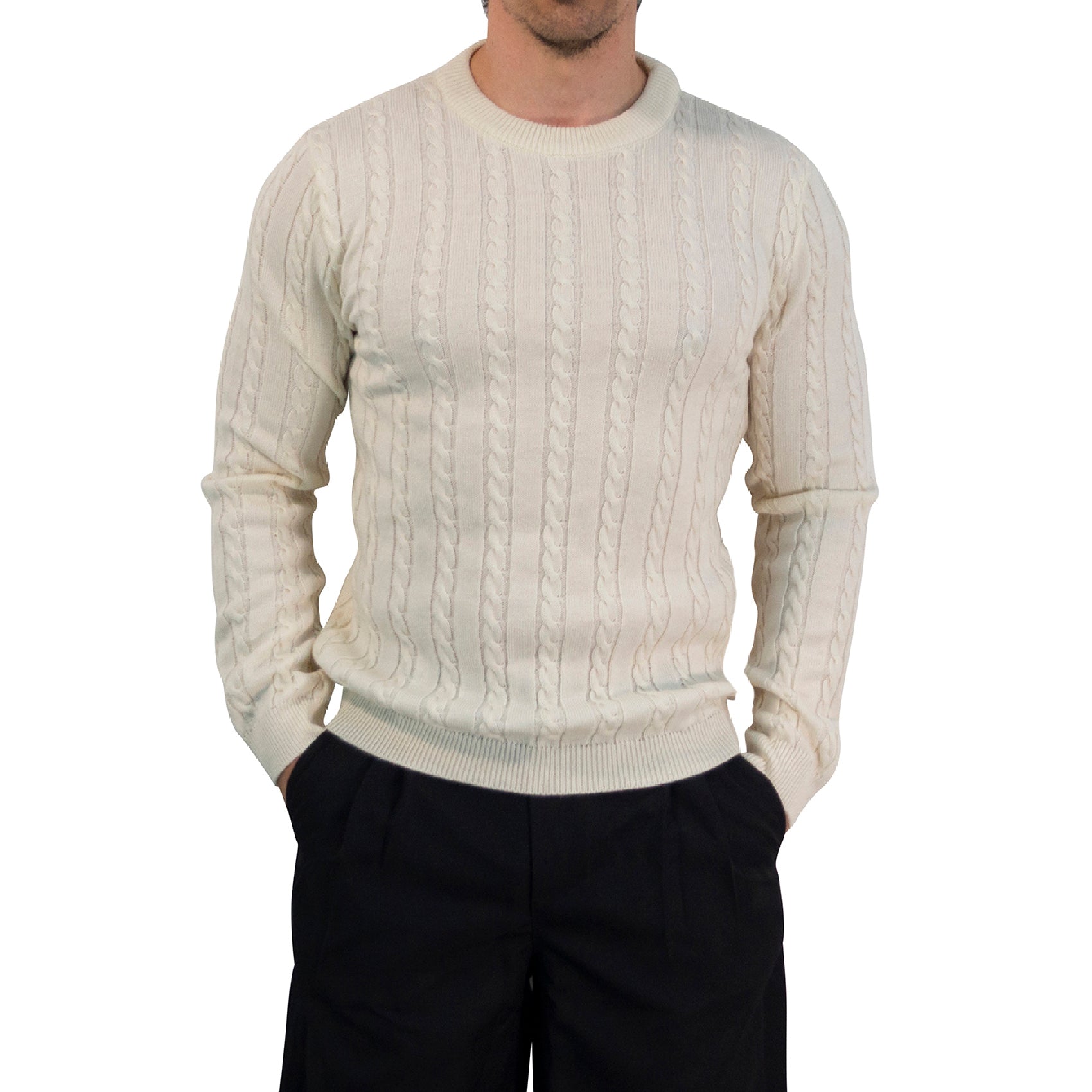 Crewneck Cable Knit Sweater Raw Cream