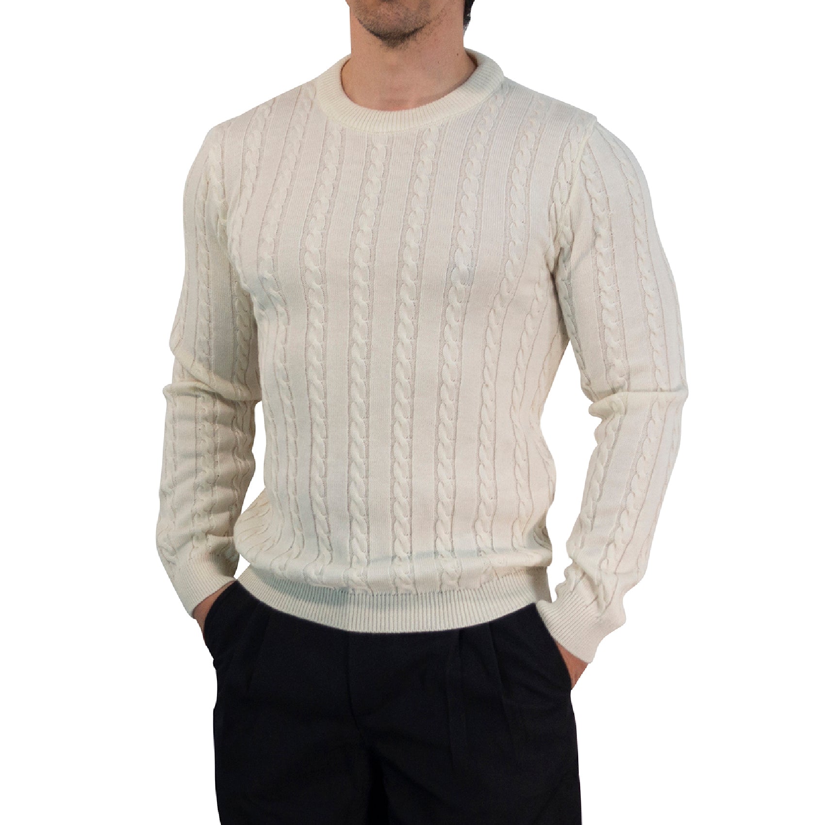 Crewneck Cable Knit Sweater Raw Cream