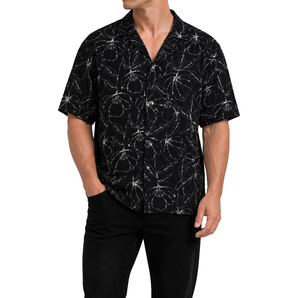 Camisa Resort Manga Corta Monochrome Hibiscus Black