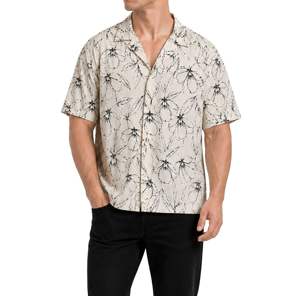 Camisa Resort Manga Corta Monochrome Hibiscus Off White