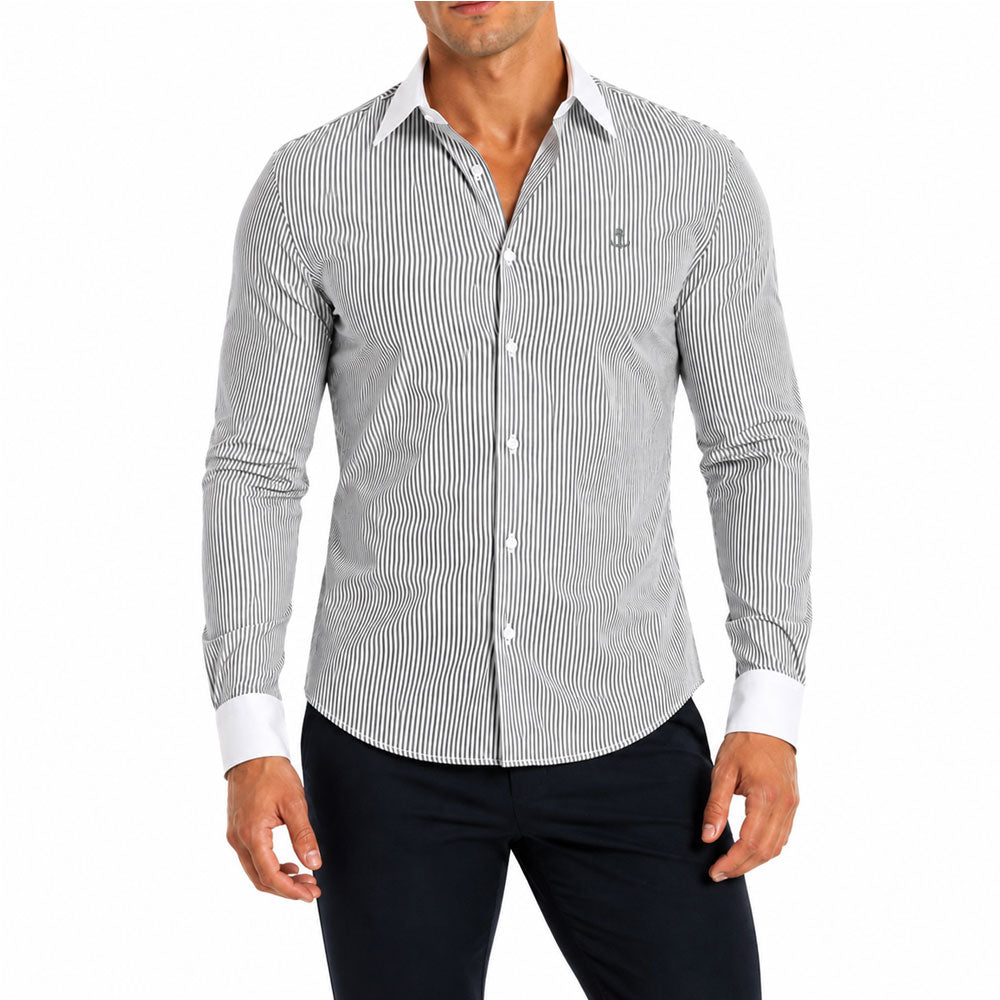Camisa Slim White Collar Classic Stripe Shirt Gray