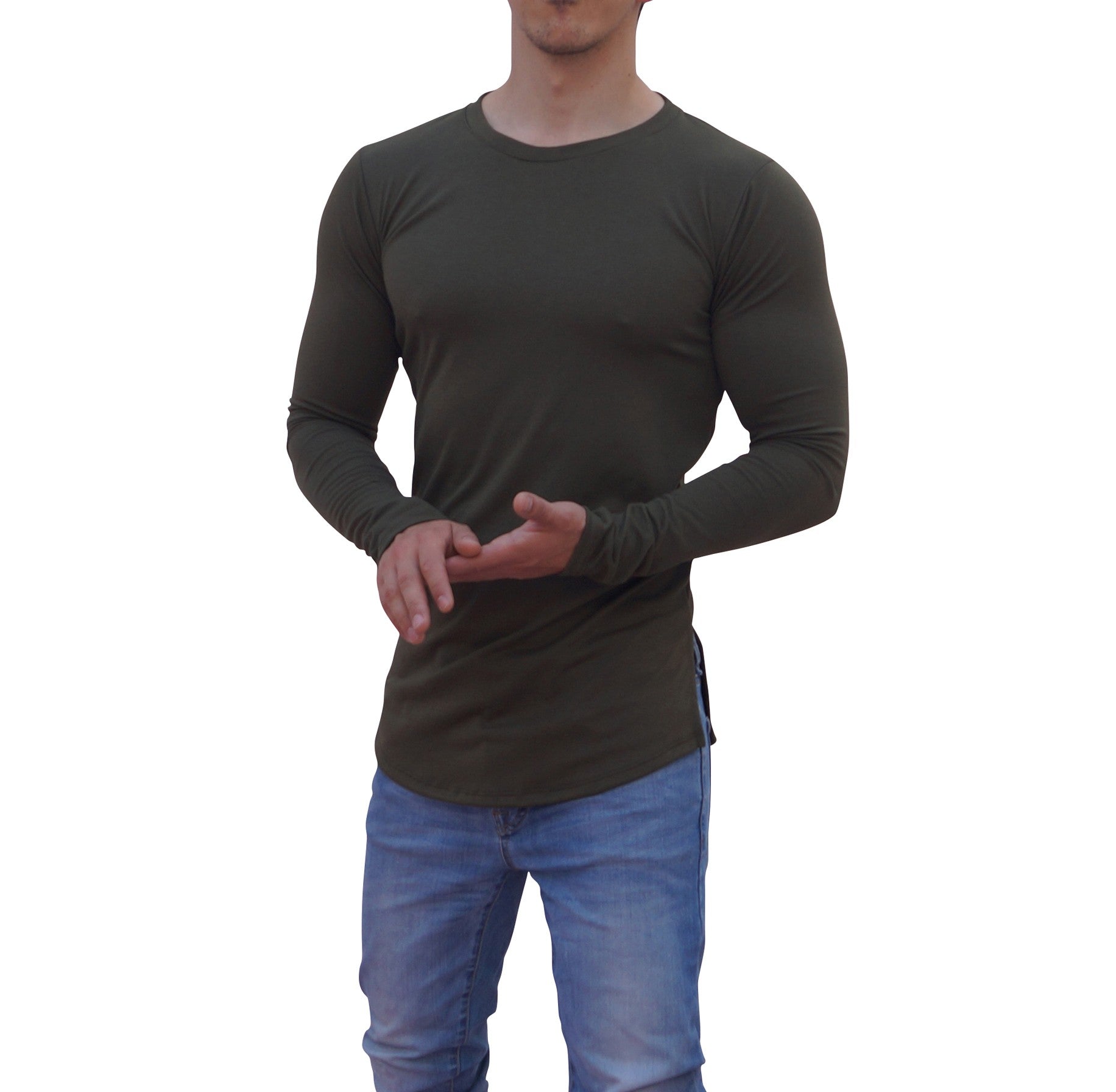 Olive Round Neck Long Sleeve T-shirt With Slit