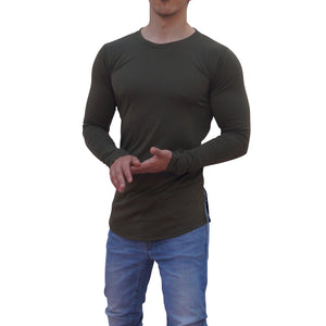 Olive Round Neck Long Sleeve T-shirt With Slit