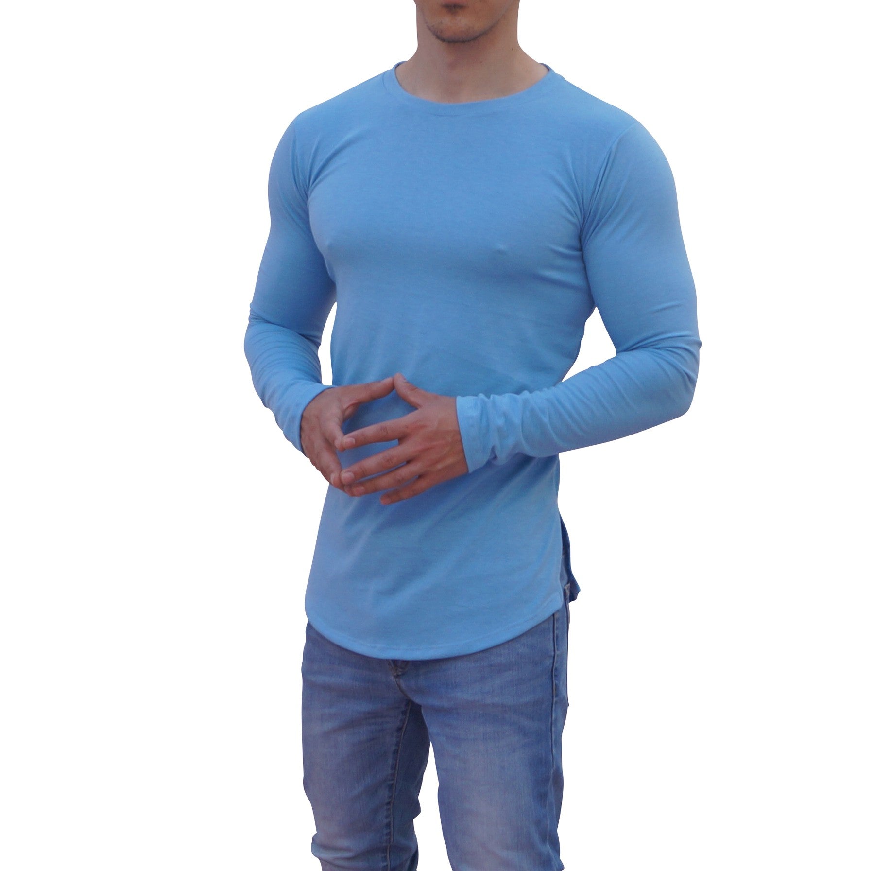 Light Blue Round Neck Long Sleeve T-shirt With Opening