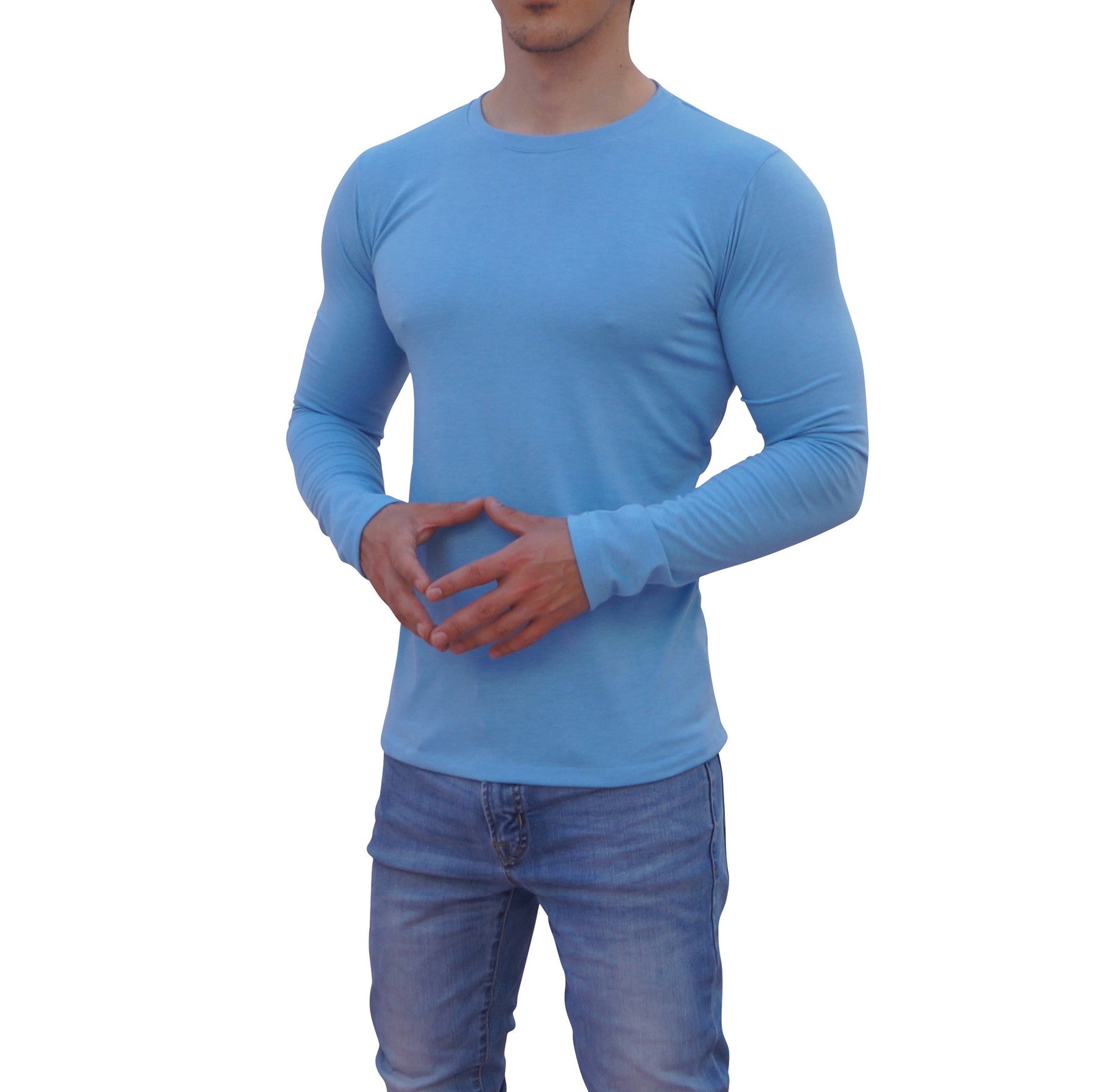 Light Blue Round Neck Long Sleeve T-shirt