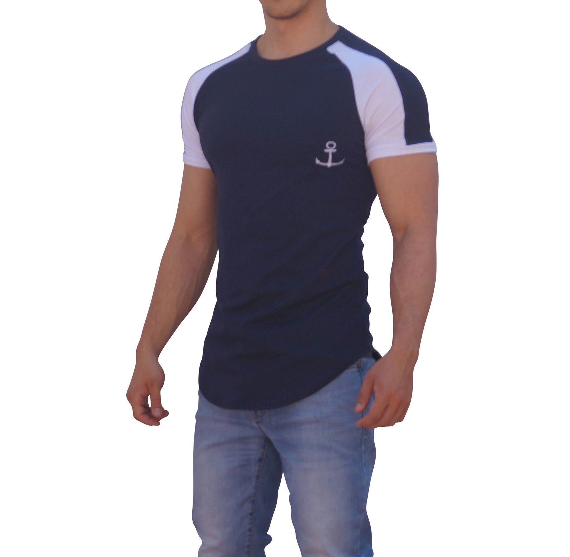 Navy Ranglan Short Sleeve Navy Stripe T-Shirt