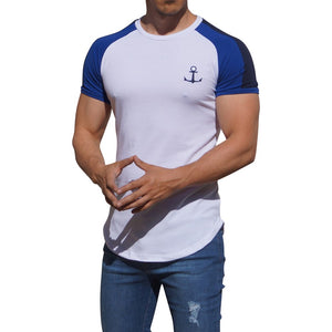 White Short Sleeve Raglan T-shirt with Navy Stripe