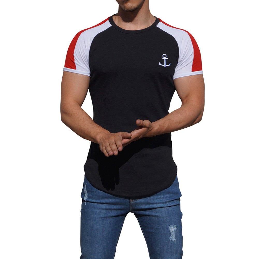 Black Short Sleeve Raglan T-shirt with Red Stripe