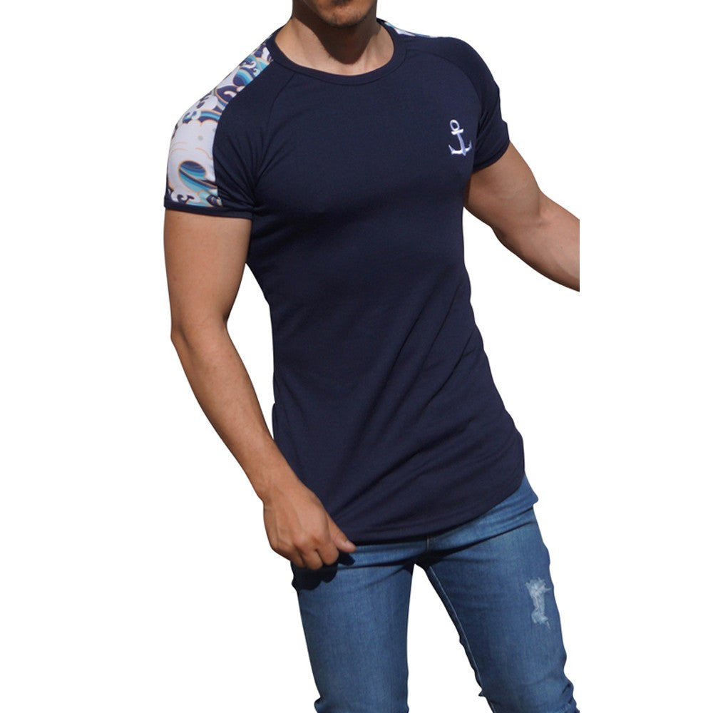 Navy Ranglan Short Sleeve Wave Stripe T-Shirt