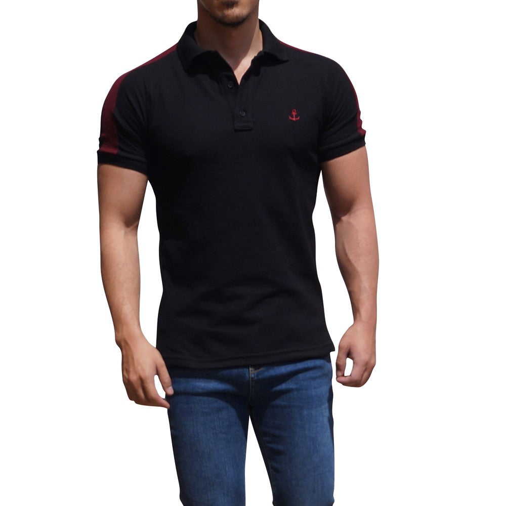 Polo Ranglan Negra Mangas Negro Logo Vino