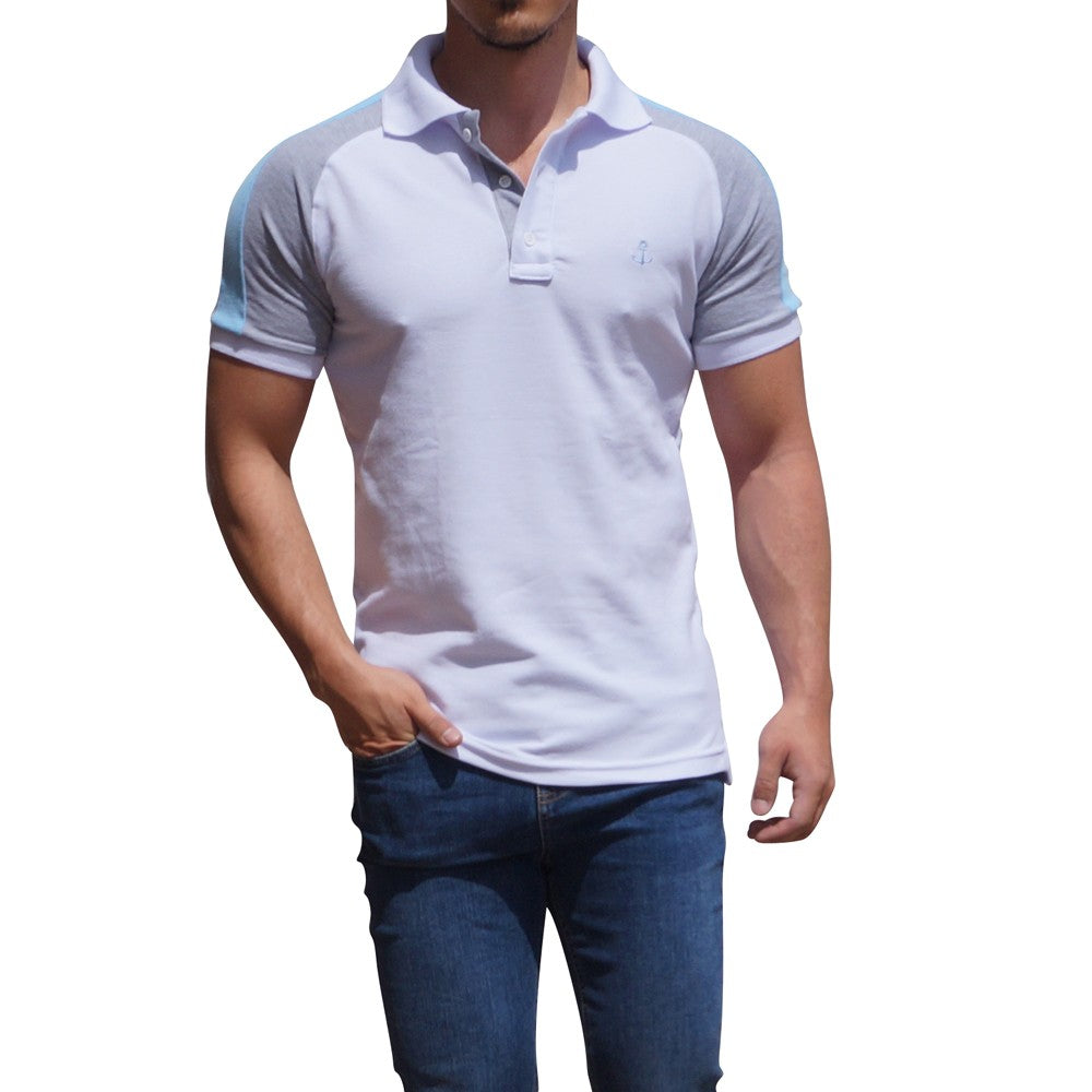 White Raglan Polo with Jasper Gray Sleeves Sky Blue Logo