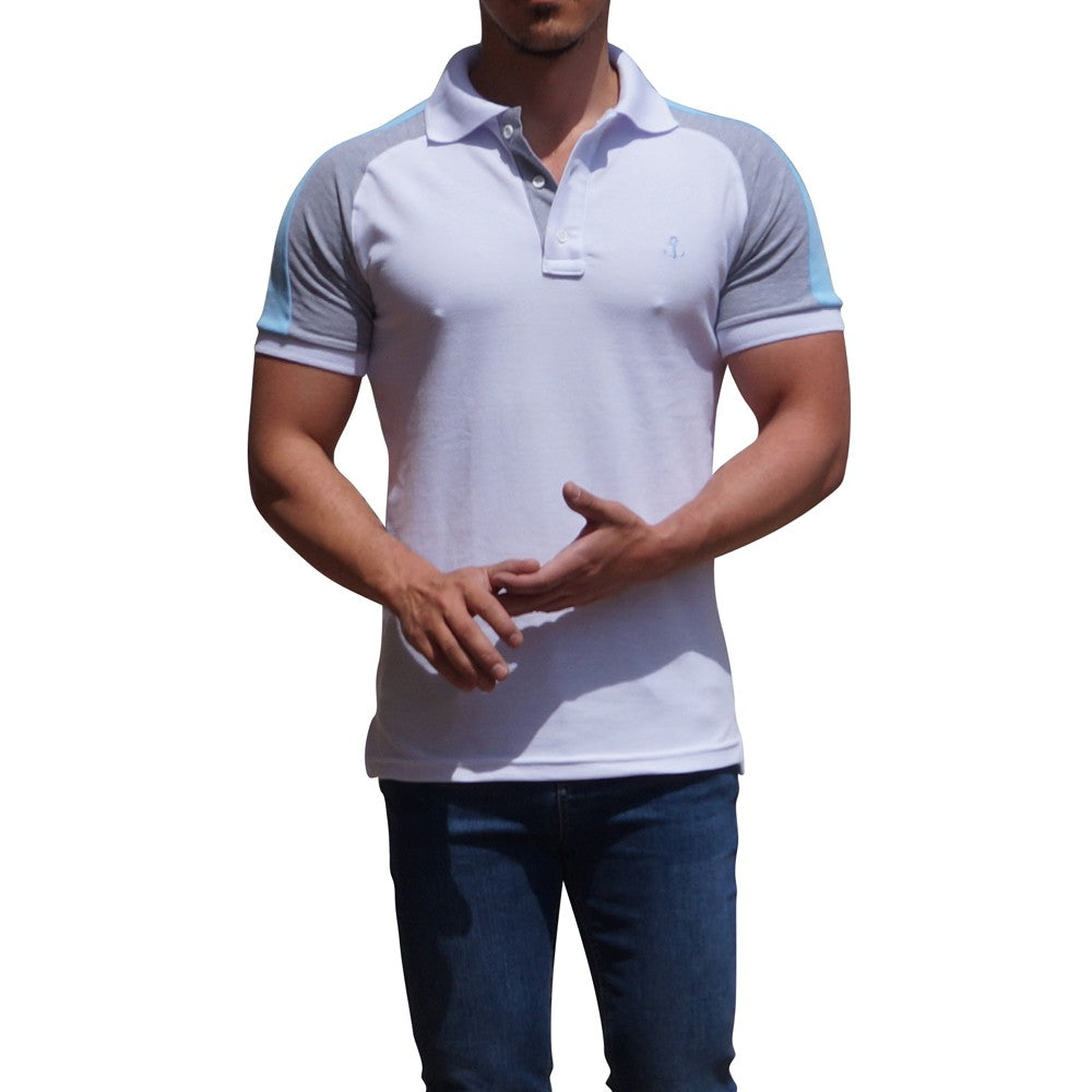 White Raglan Polo with Jasper Gray Sleeves Sky Blue Logo