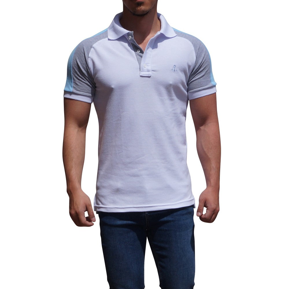 White Raglan Polo with Jasper Gray Sleeves Sky Blue Logo