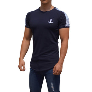 Navy Ranglan Short Sleeve Dragon Stripe T-Shirt