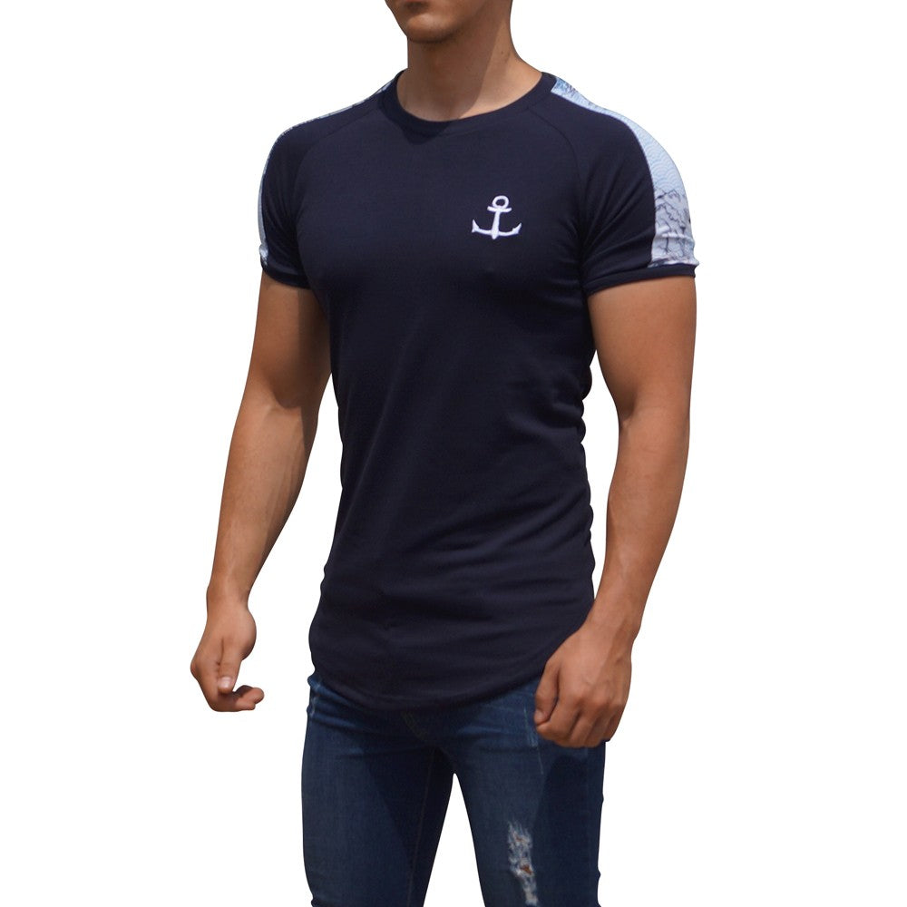 Navy Ranglan Short Sleeve Dragon Stripe T-Shirt