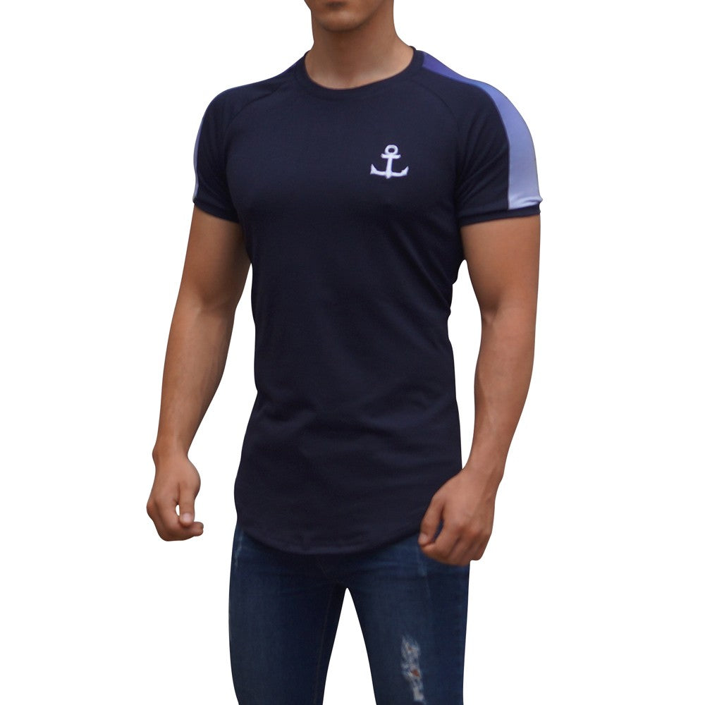 Navy Ranglan Short Sleeve Gradient Stripe T-Shirt