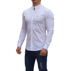 White Shirt Mandarin Collar Long Sleeve White Slim Fit