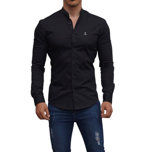 Black Mandarin Collar Long Sleeve Black Shirt