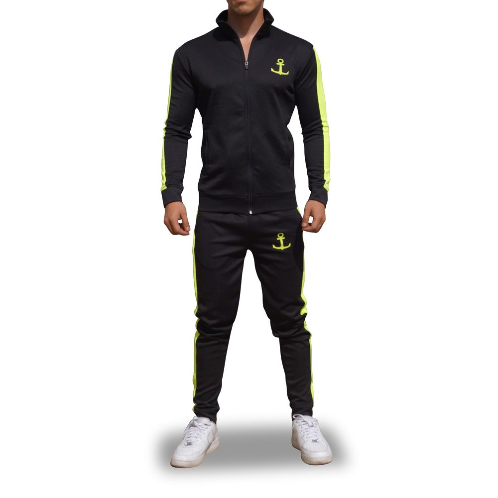 Elite Track Suit Pants Black Stripe Neon Yellow