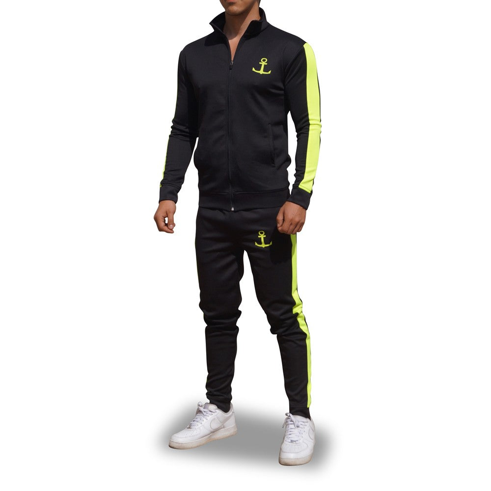 Elite Track Suit Pants Black Stripe Neon Yellow