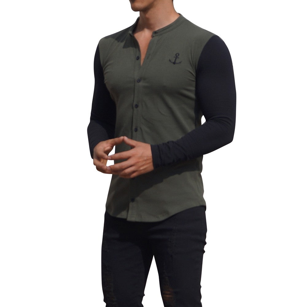 Grandad Jersey Shirt Military Green Long Sleeve Black