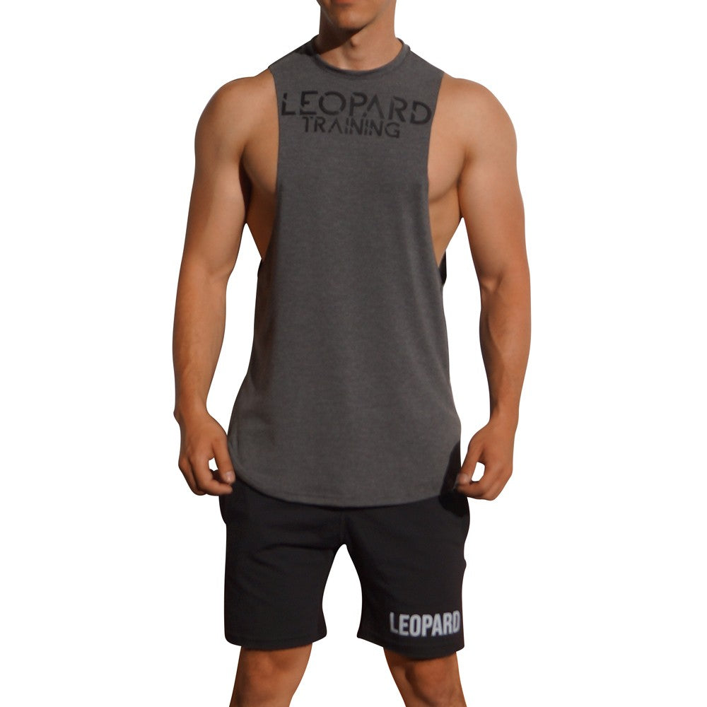 Gym Sleeveless Tee Gray Oxford Logo Stripes Black