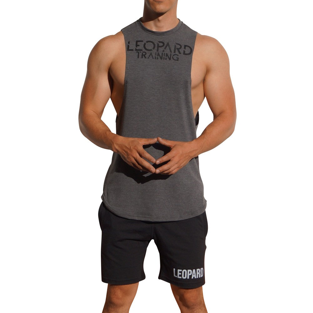 Gym Sleeveless Tee Gray Oxford Logo Stripes Black