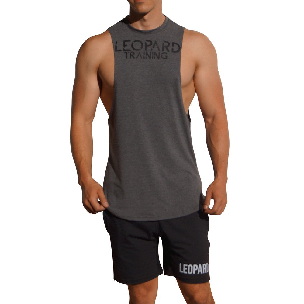 Gym Sleeveless Tee Gray Oxford Logo Stripes Black