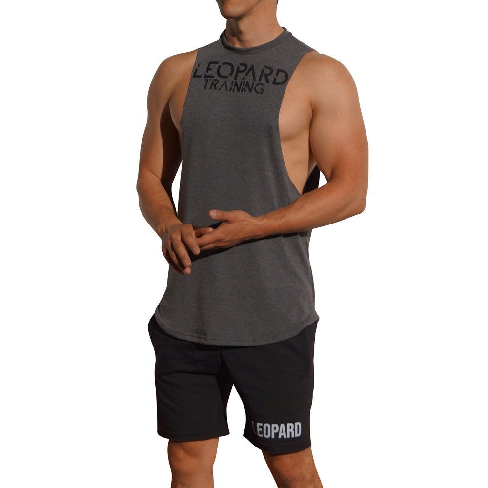 Gym Sleeveless Tee Gray Oxford Logo Stripes Black