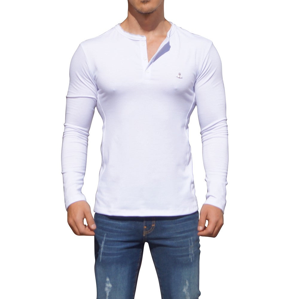 Metal Emblem Long Sleeve Henley T-Shirt White