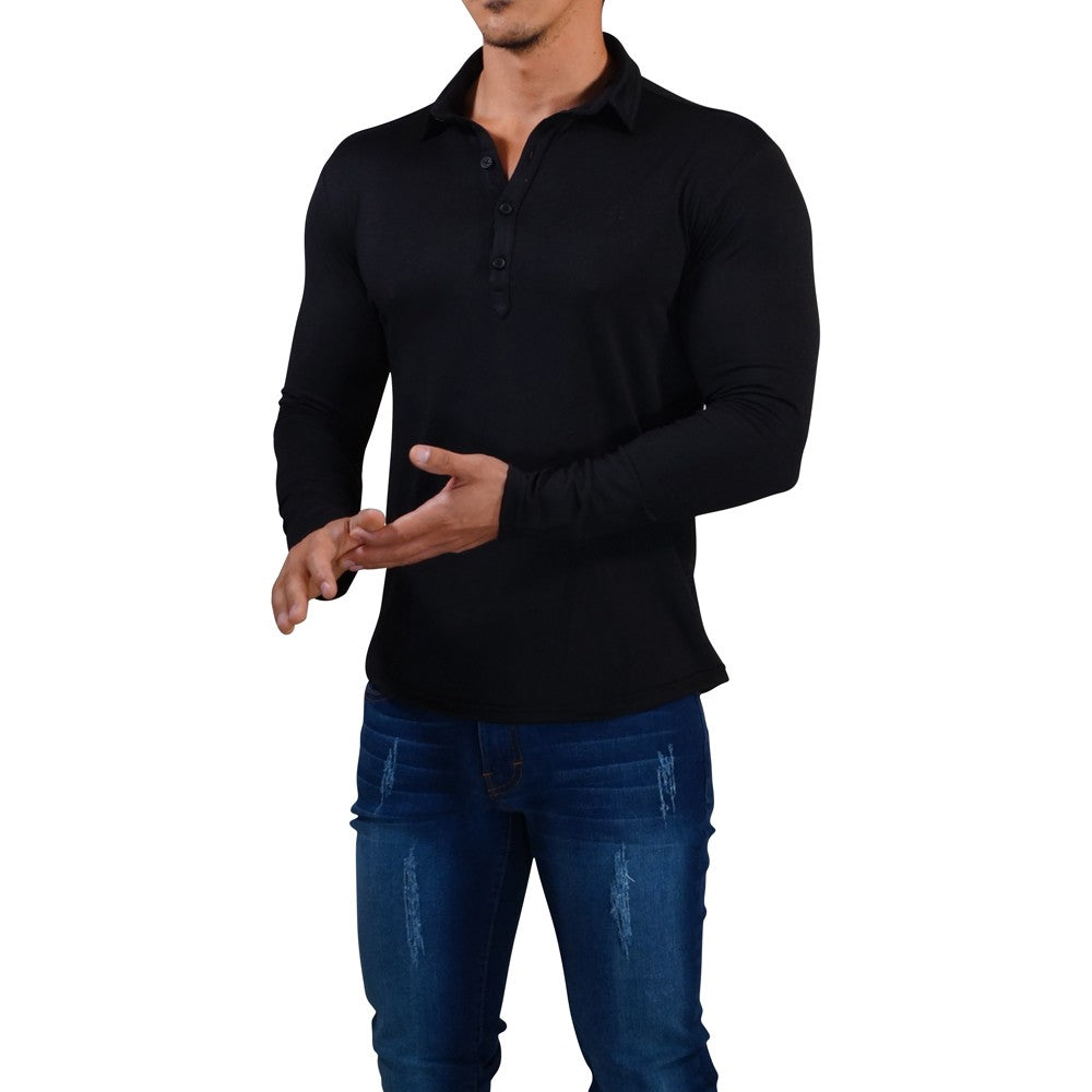 Sateen Luxe Polo Shirt Long Sleeve Black