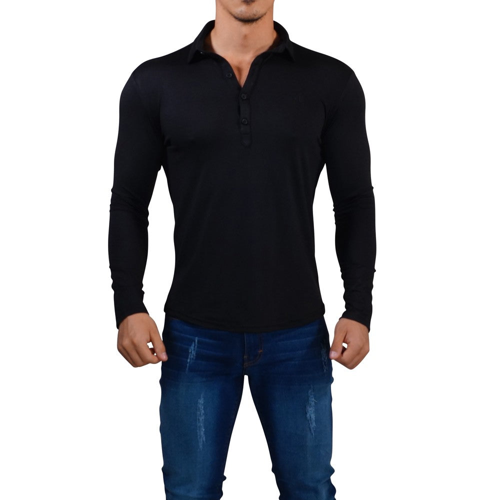 Sateen Luxe Polo Shirt Long Sleeve Black