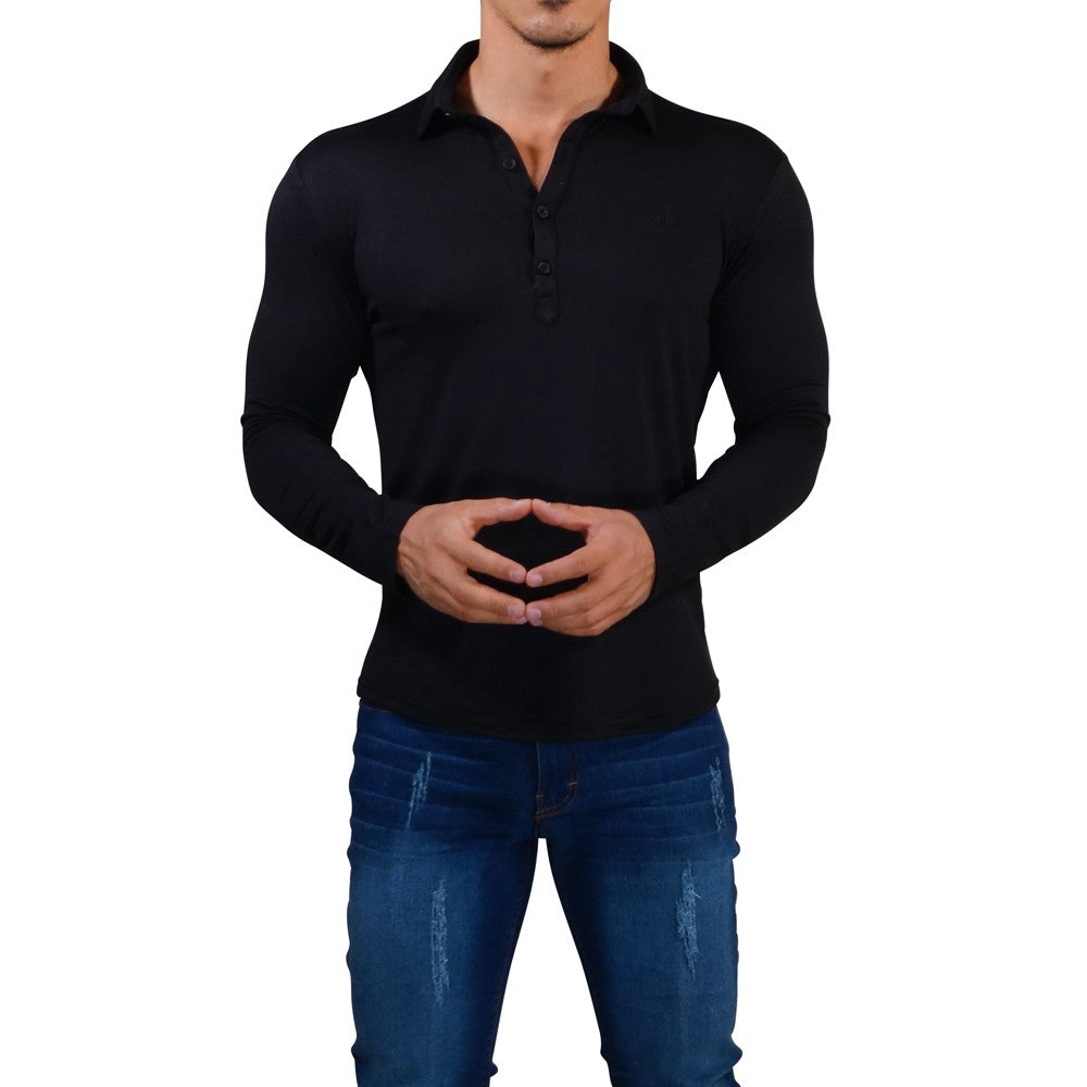 Sateen Luxe Polo Shirt Long Sleeve Black