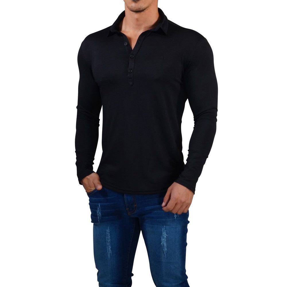 Sateen Luxe Polo Shirt Long Sleeve Black