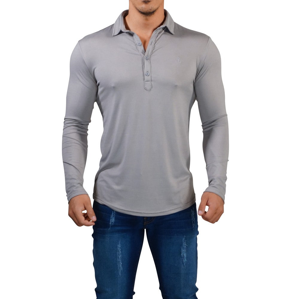 Sateen Luxe Polo Shirt Long Sleeve Light Gray