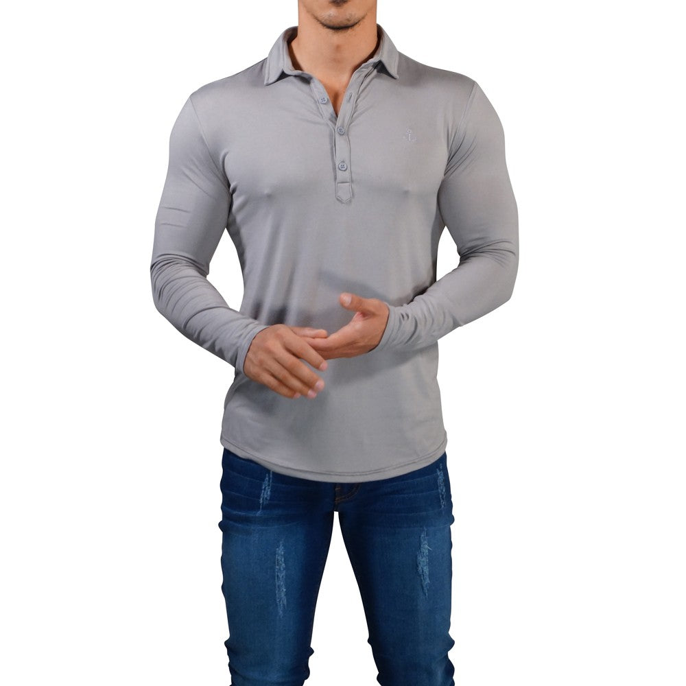 Sateen Luxe Polo Shirt Long Sleeve Light Gray