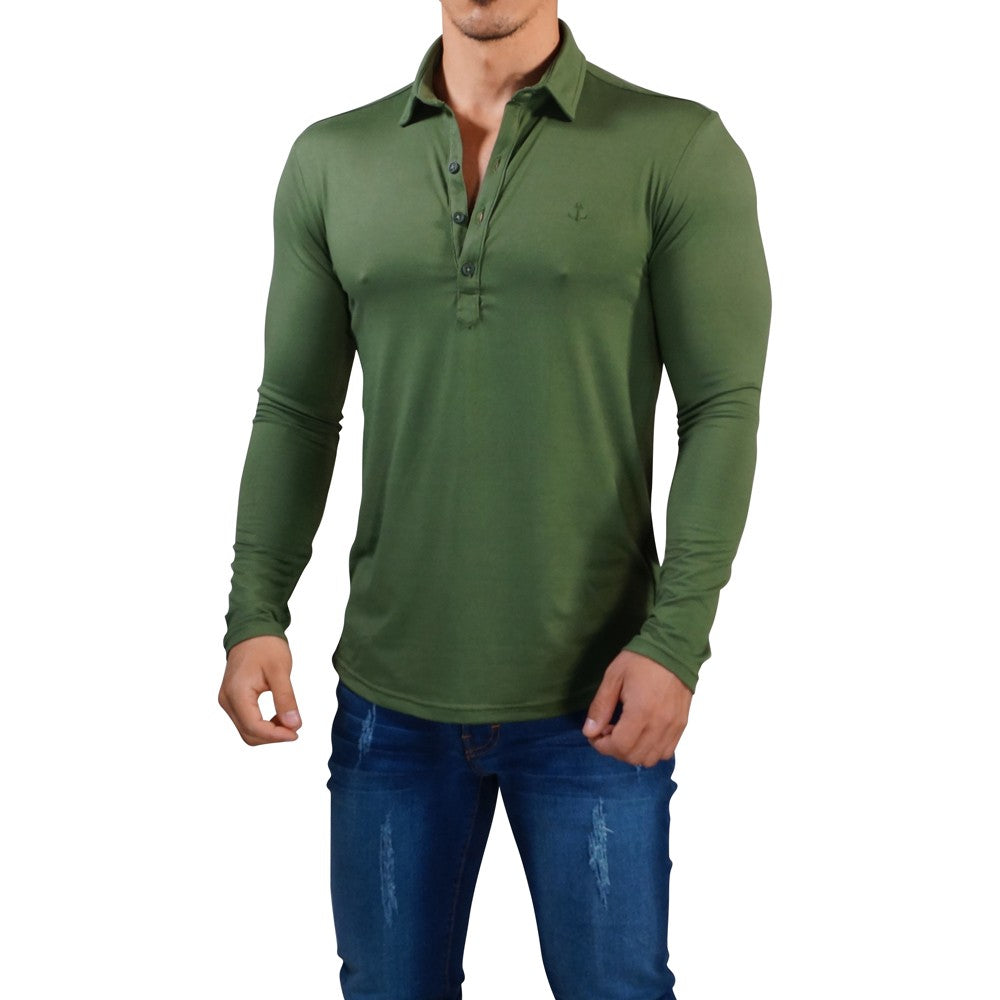 Sateen Luxe Polo Shirt Long Sleeve Olive