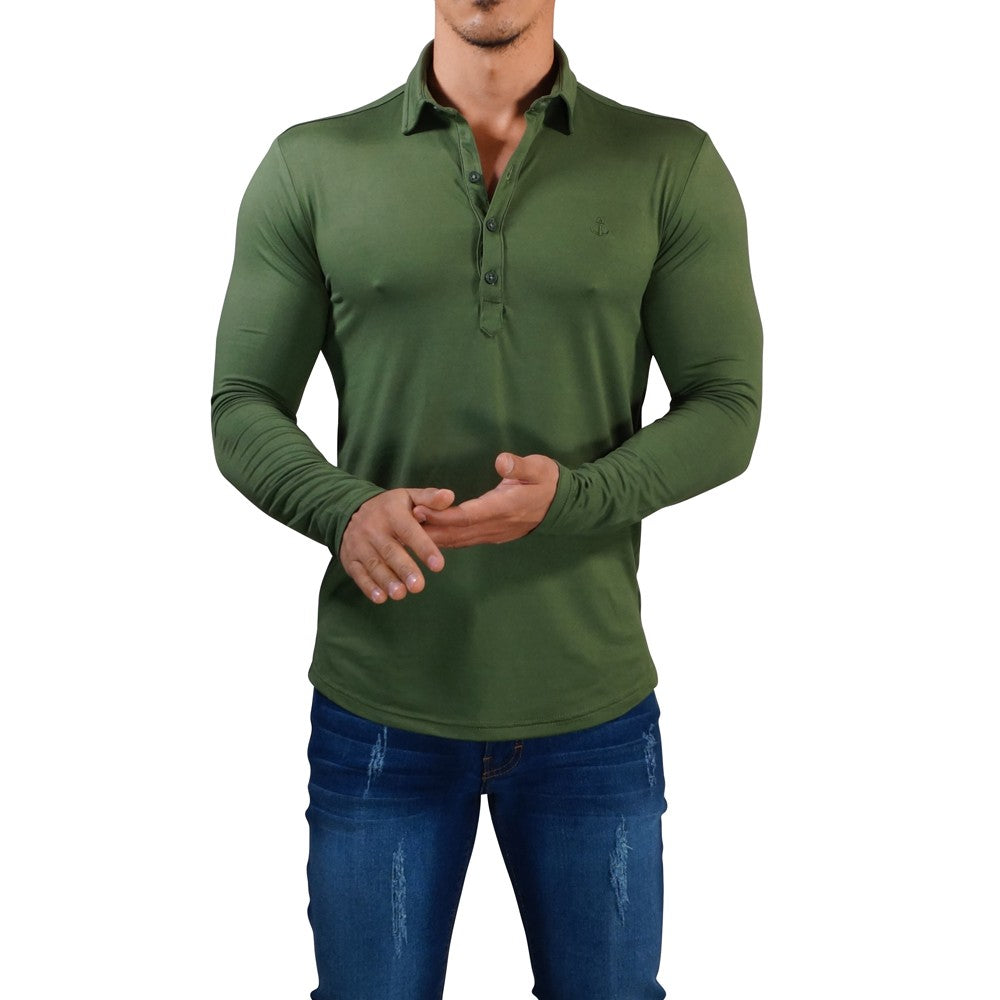 Sateen Luxe Polo Shirt Long Sleeve Olive