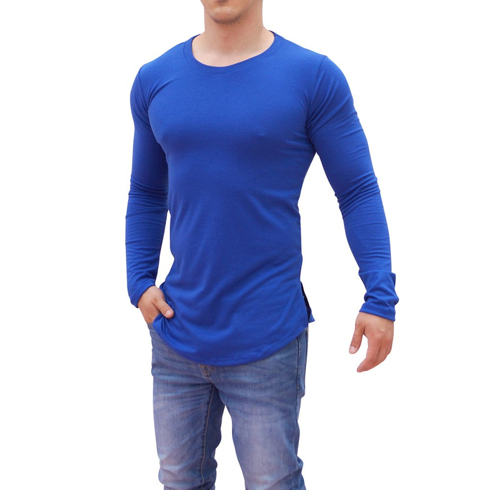 Royal Blue Round Neck Long Sleeve T-shirt With Opening